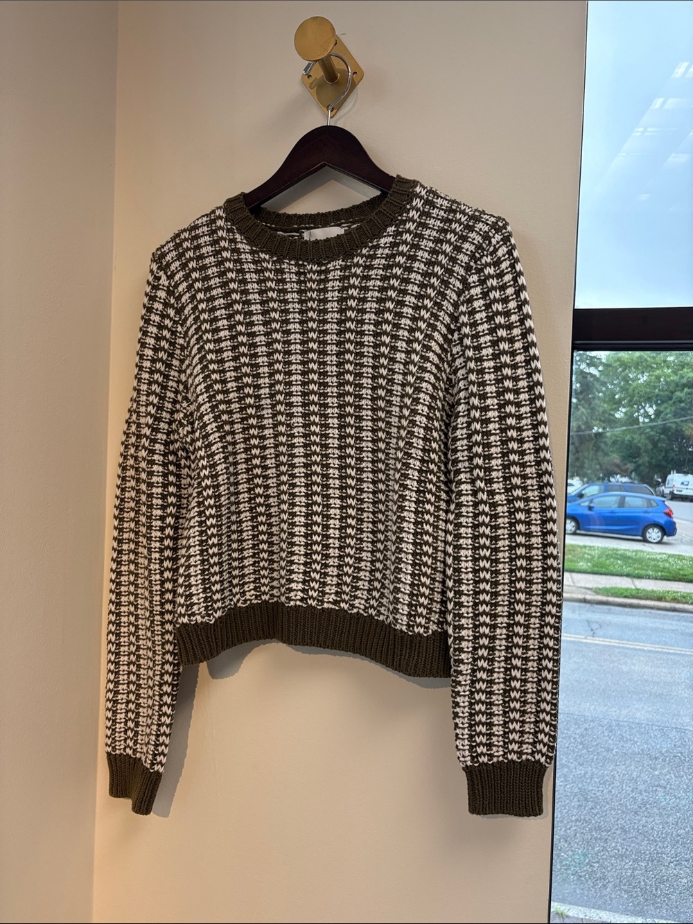 Olive & White Textured Crewneck Sweater